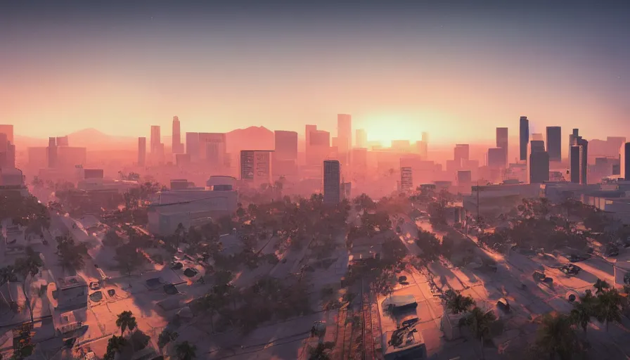 Image similar to abandoned los angeles at sunrise, sun between damaged buildings, volumetric light, wide view, calm, hyperdetailed, artstation, cgsociety, 8 k