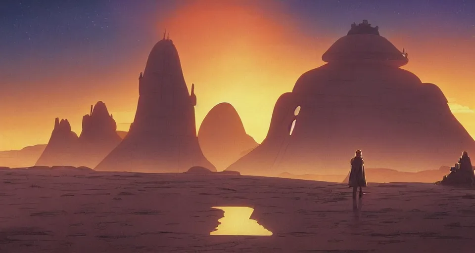 Image similar to beautiful wide shot tatooine landscape, Luke skywalker watches sunset, Star Wars a new hope 1977, studio ghibli, Miyazaki, Greg rutkowski, Alphonse mucha, Moebius , animation, golden hour, highly detailed, hdr, vivid color, 70mm