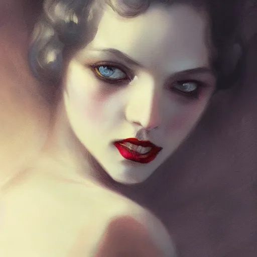 Image similar to beautiful young woman, 1 9 2 0 s, femme fatale, high detail, dramatic light, digital art, dark, painted by seb mckinnon and greg rutkowski, trending on artstation