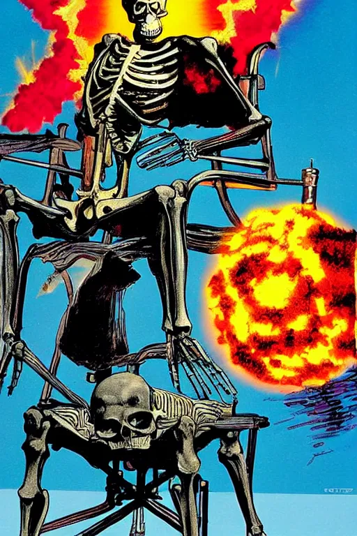 Prompt: Poster art of a Skeleton sitting in a chair sunbathing, with a nuke exploding in the background by Neal Adams