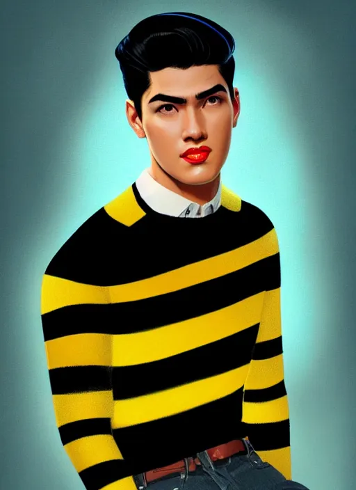 Image similar to portrait of young reggie mantle, mean smirk, egotistical, slicked back hair, striped yellow and black sweater, 1 9 5 0 s, intricate, elegant, glowing lights, highly detailed, digital painting, artstation, concept art, smooth, sharp focus, illustration, art by wlop, mars ravelo and greg rutkowski