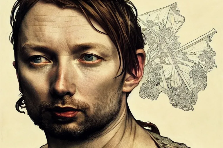 Image similar to hyper realistic portrait of singer songwriter, by lee bermejo, alphonse mucha and greg rutkowski, thom yorke