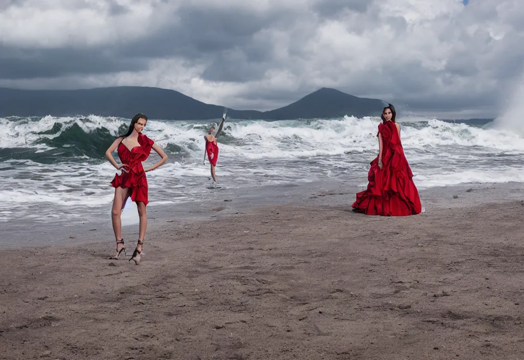 Prompt: fashion editorial in front of giant tsunami waves, on the beach. wide angle shot. highly detailed.