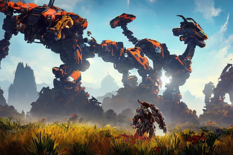 Image similar to scorcher machine mecha animal beast robot of horizon forbidden west horizon zero dawn bioluminiscence global illumination ray tracing hdr fanart arstation by sung choi and eric pfeiffer and gabriel garza and casper konefal