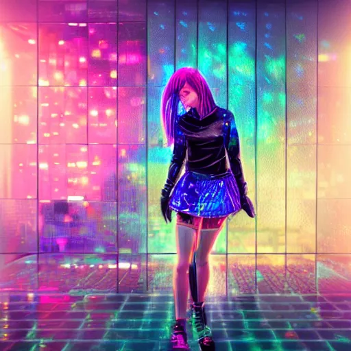 Image similar to hyperdetailed realistic digital painting of a beautiful wet girl wearing a short skirt in the rain interacting with a holographic interface on a wall in a future cyber punk style city trending on art station