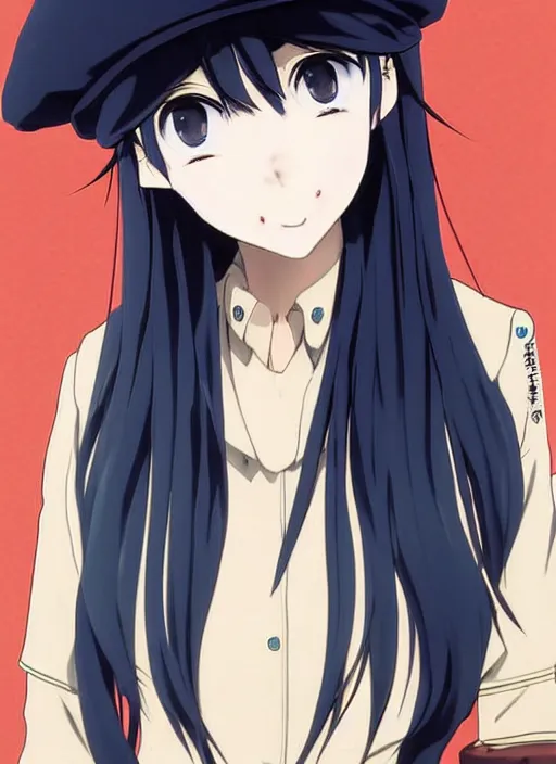 Image similar to key anime visual of a beautiful girl wearing a beige beret and blue shirt; long black hair; anime; drawn by Shigenori Soejima; 3 tone colors