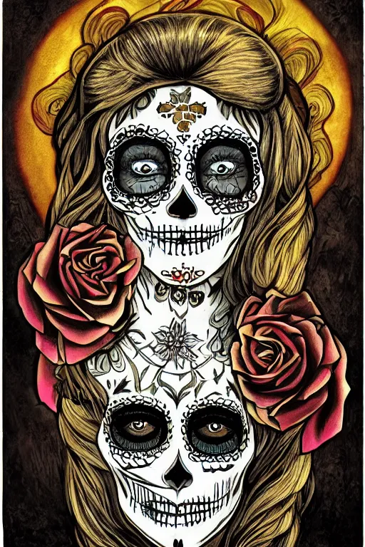 Prompt: Illustration of a sugar skull day of the dead girl, art by H R Giger