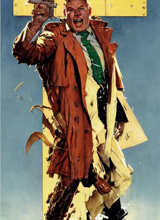 Prompt: full body and head portrait of huge markus ruhl in tattered suit and trench coat, dynamic action, painted by norman rockwell and phil hale and greg staples and tom lovell and frank schoonover and jack kirby