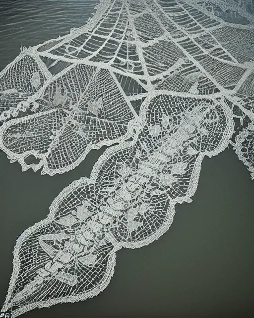 Image similar to the wake of a boat, made of intricate decorative lace leaf skeleton, shot from a drone, in the style of the dutch masters and gregory crewdson, dark and moody