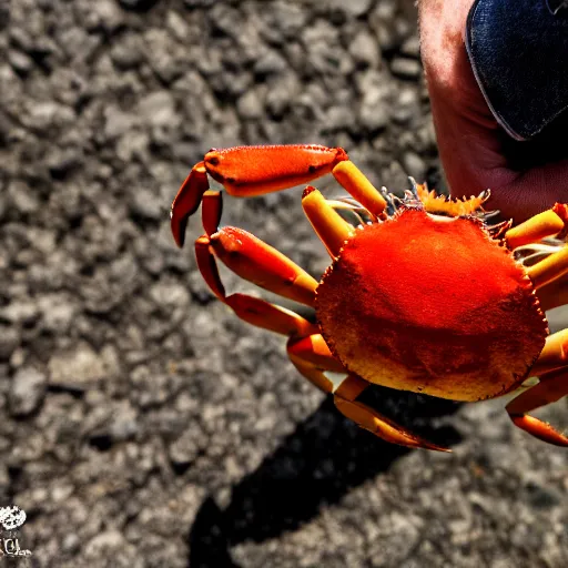 Image similar to crab biting the finger of an old man, canon eos r 3, f / 1. 4, iso 2 0 0, 1 / 1 6 0 s, 8 k, raw, unedited, symmetrical balance, wide angle