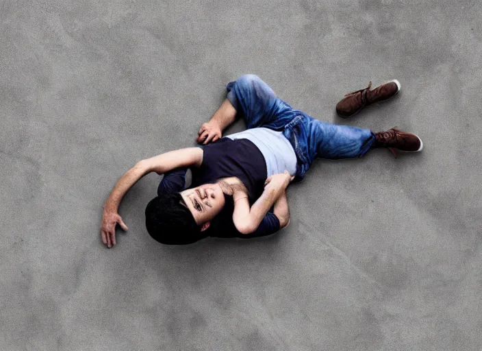 Prompt: a man laying on a concrete floor, movie
