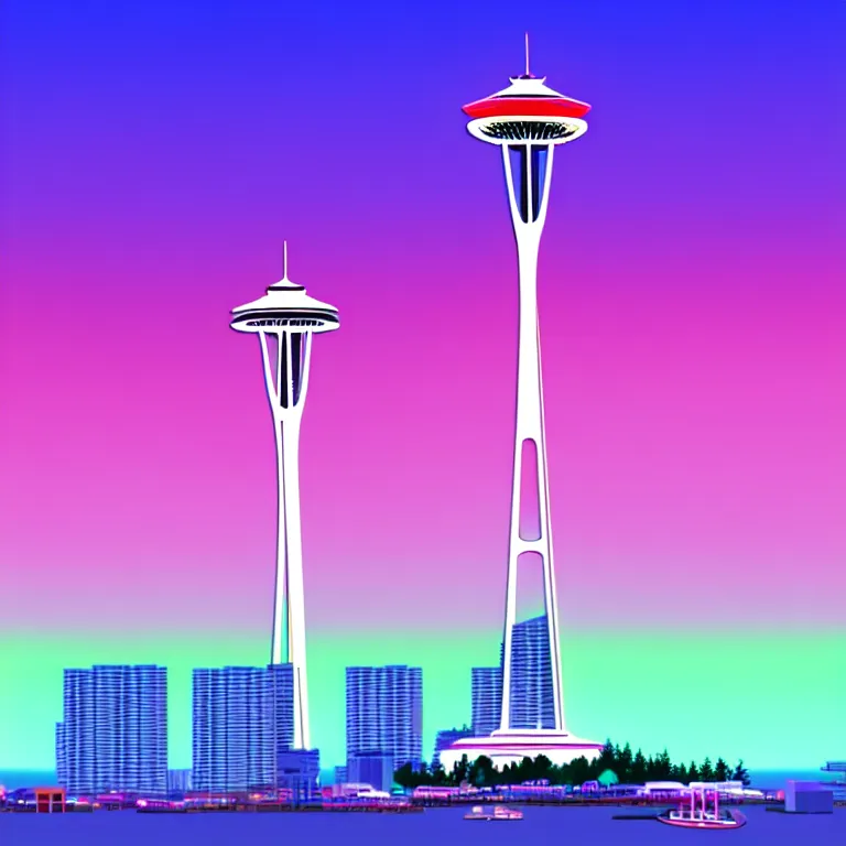 Image similar to a beautiful and balanced vaporwave scene depicting outrun and the space needle