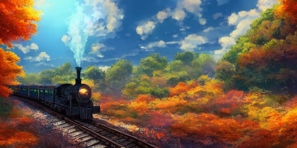 Image similar to A beautiful illustration of beautiful Hogwarts train, autumn, leaves, trees, steam, wide angle, by makoto shinkai, Wu daozi, very detailed, deviantart, 8k, wallpaper, tropical, colorful, airy, anime illustration, anime nature wallpap