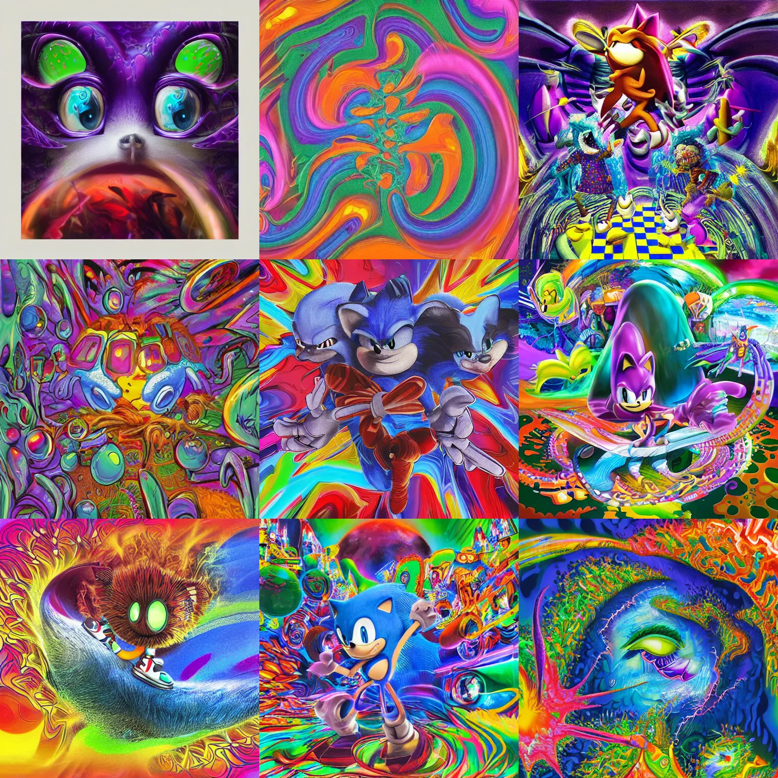 Prompt: classic sonic in surreal, fractal, detailed professional, high quality portrait airbrush art tame impala shpongle mgmt album cover portrait of a liquid dissolving LSD DMT sonic the hedgehog surfing through cyberspace, purple checkerboard background, 1990s 1992 Sega Genesis video game album cover
