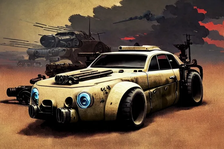 Image similar to dieselpunk mad max alpine a 1 1 0 with guns installed, painted by greg rutkowski makoto shinkai takashi takeuchi studio ghibli, akihiko yoshida