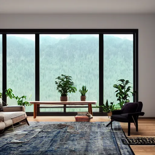 Prompt: a beautiful modern living room with wood floors, large windows with a beautiful view, an area rug, plants, forest, mountains, realistic, hd, 8 k, digital rendering, unreal engine, blender, octane, maya