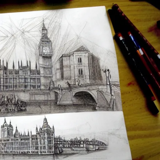 Image similar to of leonardo davinci drawing london in 2 0 2 2 lots of loose sketches