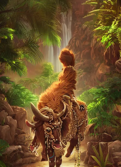 Prompt: brown paper + an intricate tauren depiction + elaborate illustration, very detailed, deviantart, 8 k vertical wallpaper, tropical, colorful, airy, anime illustration, nature