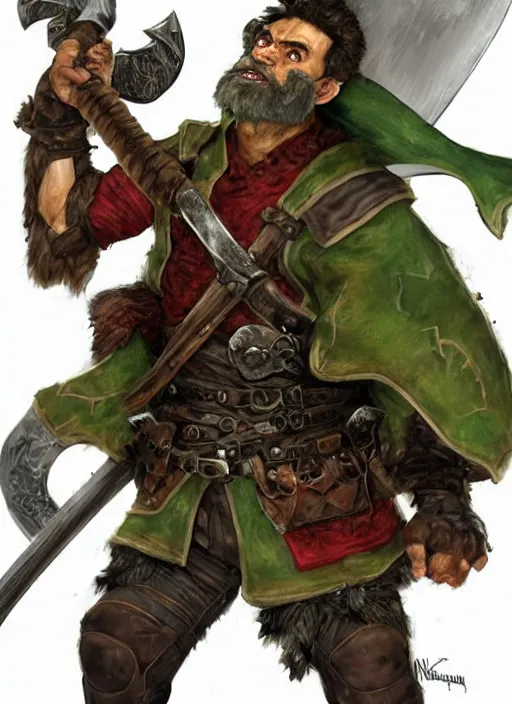 Image similar to strong young man, photorealistic bugbear ranger holding sword, fire magic, black beard, dungeons and dragons, pathfinder, roleplaying game art, hunters gear, jeweled ornate leather and steel armour, concept art, character design on white background, by norman rockwell, makoto shinkai, kim jung giu, artstation trending, poster art, colours red and green