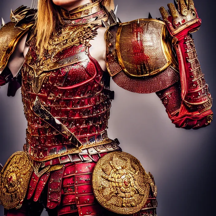 Image similar to full body portrait photo of a beautiful strong warrior queen wearing ruby encrusted armour, highly detailed, 4 k, hdr, smooth, sharp focus, high resolution, award - winning photo