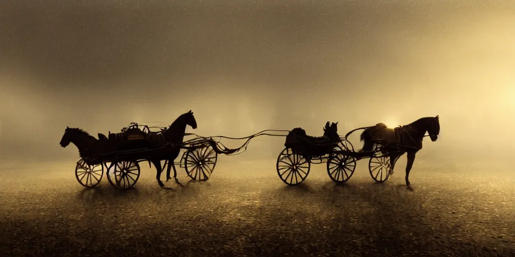 Prompt: Horse and carriage, August 9th 1875, fog, rain, volumetric lighting, beautiful, golden hour, sharp focus, highly detailed, cgsociety