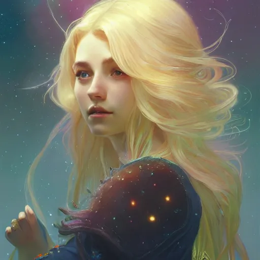 Image similar to aurora, girl with super long hair, hair becoming bright stars, intricate, highly detailed, digital painting, artstation, concept art, smooth, sharp focus, illustration, unreal engine 5, 8 k, art by artgerm and greg rutkowski and alphonse mucha