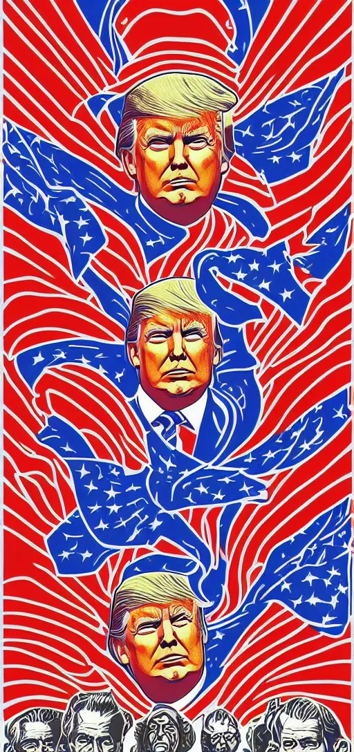 Image similar to donald trump trumpwave apotheosis poster in the style of communist russian propaganda art and alex grey, with bold colors and contrast, patriotic, red white and blue, nationalist, stoic, heroic