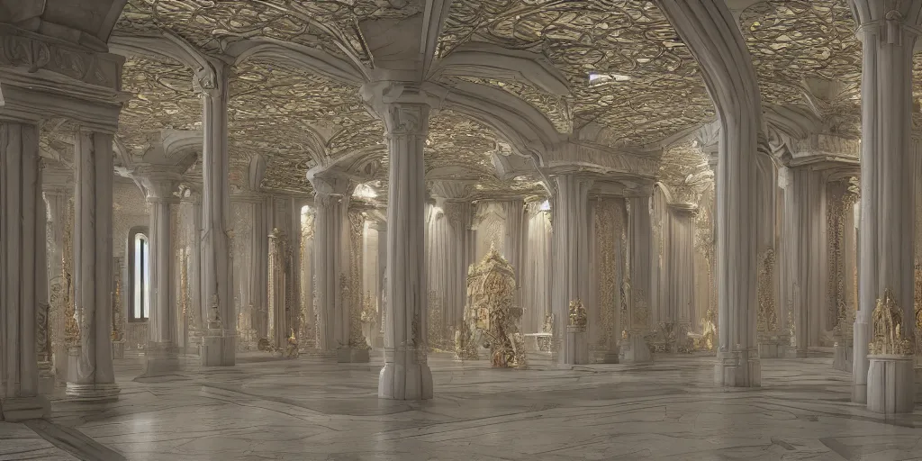 Prompt: ultra detailed, high definition, octane render 3d, throne room, stone pillars, high ceiling, art nouveau, goth