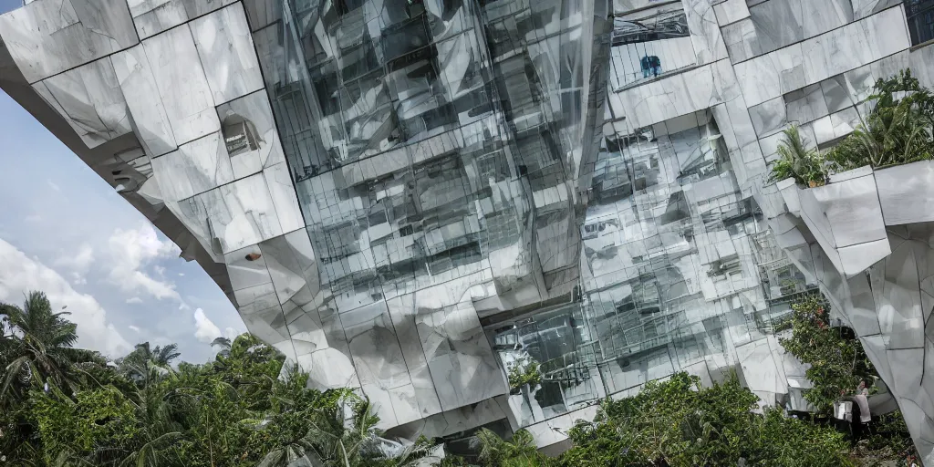 Prompt: Architectural photography of beautiful nature meets architecture building by Daniel Libeskind, Morphosis architect, in a tropical forest, volumetric lighting,, luxury, clear glass wall, white concrete, deck, railing, external staircases, terrace, high detail, 14mm, cinematic photography, archdaily, high resolution