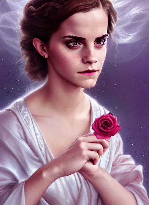 Prompt: emma watson as magic healer, long hair, white and rose cloth, shiny background, intricate, elegant, highly detailed, digital painting, artstation, concept art, smooth, sharp focus, illustration, artgerm, bouguereau