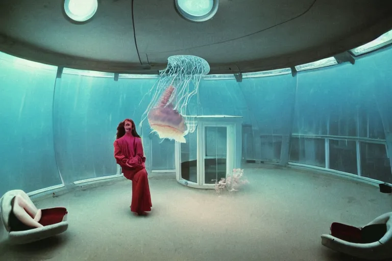 Prompt: high-angle view of a jellyfish human hybrid people wearing discowear sitting inside of an unlit lit 1970s underwater A-frame house with a soviet computer console on the wall, a large circular window in the floor that shows an exterior of a foggy medieval world, ektachrome photograph, volumetric lighting, f8 aperture