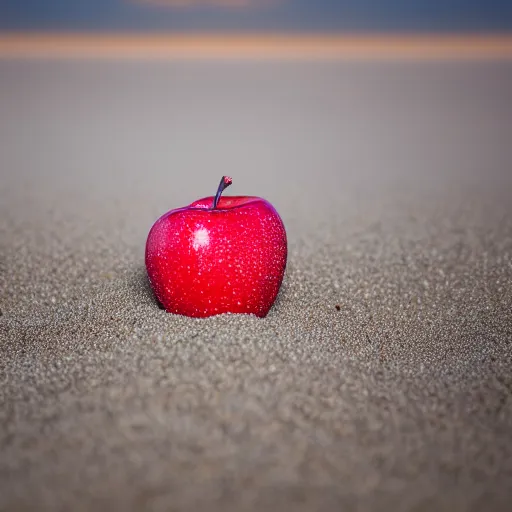 Prompt: A plastic apple in a exposure room exploding into thousands of grey sand pieces flying in all directions, the grey sand pieces leave a gray sand trail, 40nm lens, shallow depth of field, split lighting, 4k,