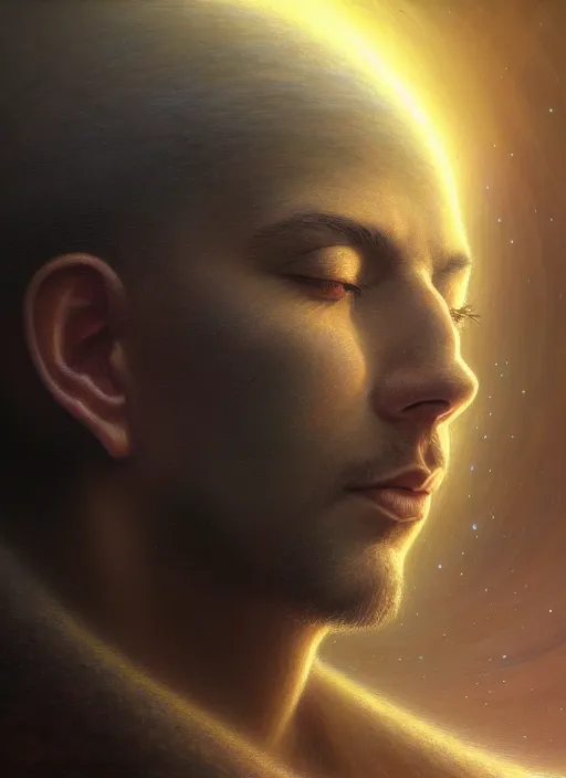 Prompt: closeup portrait shot of a male meditation in cosmic galaxy in a scenic dystopian environment, intricate, elegant, highly detailed, centered, digital painting, artstation, concept art, smooth, sharp focus, illustration, artgerm, tomasz alen kopera, peter mohrbacher, donato giancola, joseph christian leyendecker, wlop, boris vallejo