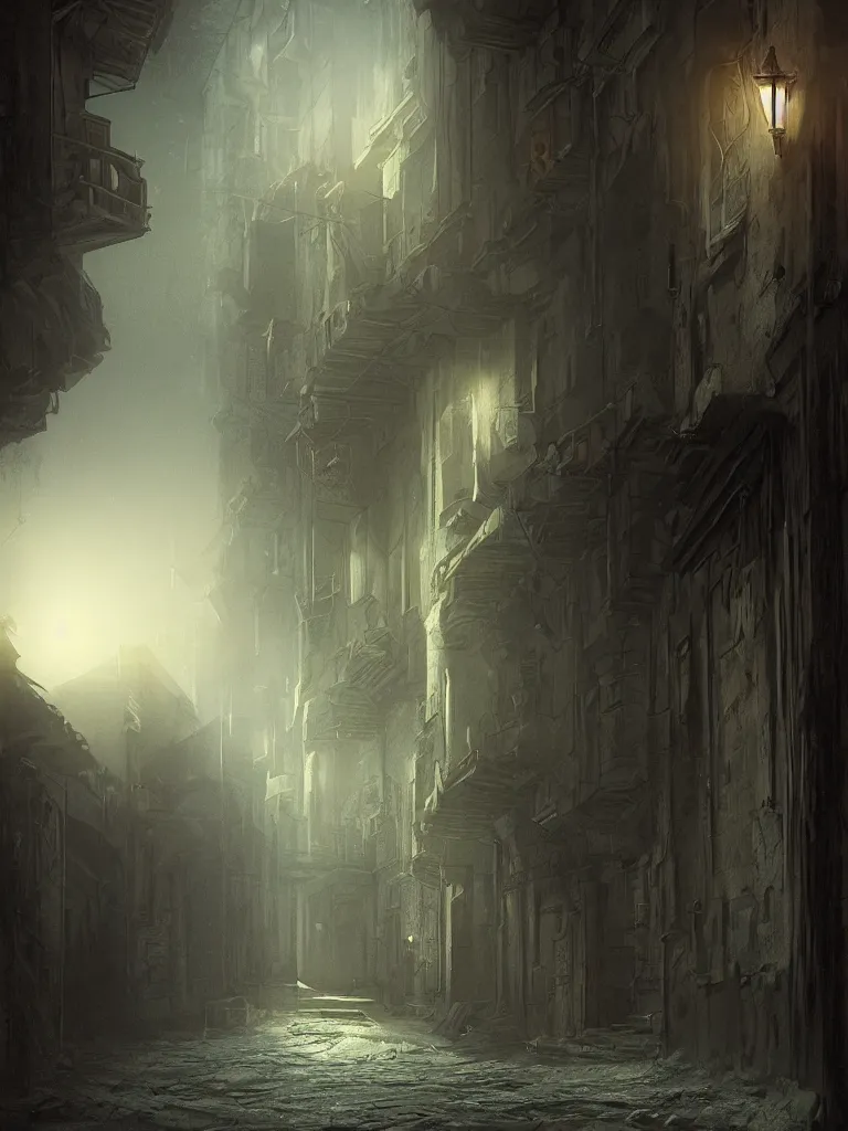 Image similar to a detailed matte painting of a nightscene with a dark alley at the end an illuminated door in the style of greg rutkowski