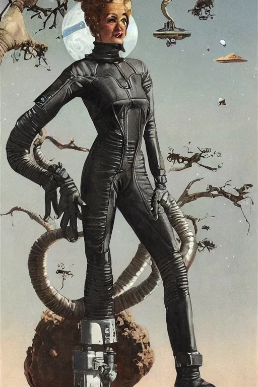 Image similar to 5 0 s pulp scifi fantasy illustration full body portrait slim mature woman in leather spacesuit on mars, baobab tree, by norman rockwell, roberto ferri, daniel gerhartz, edd cartier, jack kirby, howard v brown, ruan jia, tom lovell, frank r paul, jacob collins, dean cornwell, astounding stories, amazing, fantasy, other worlds