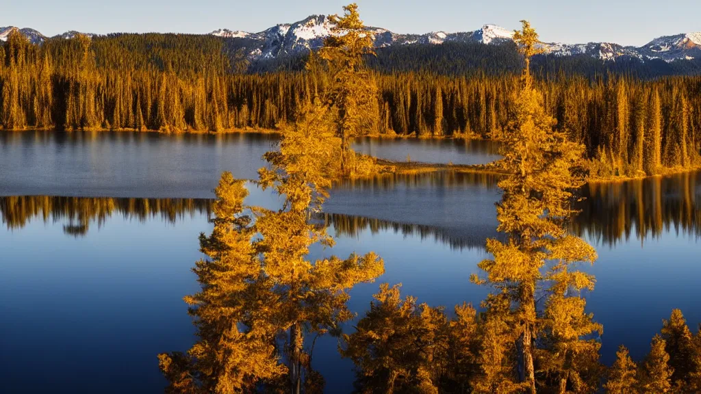 Prompt: amazing lake view photo of golden taiga, beautiful dramatic lighting