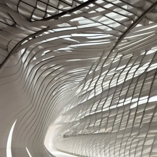 Image similar to stunning beautiful futuristic museum interior by Zaha Hadid, smooth curvilinear dragonfly wings pattern