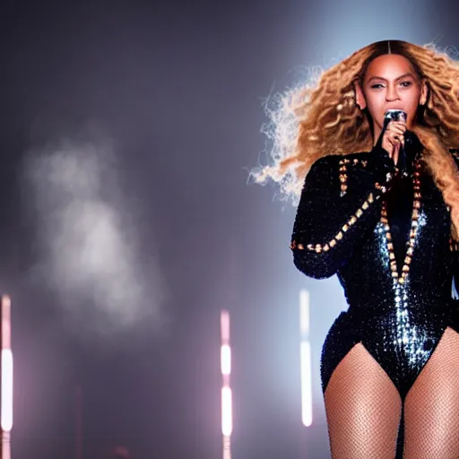 Prompt: Beyonce giving a concert, Fujifilm X-T3, 1/1250s at f/2.8, ISO 160, 84mm, 8K, RAW, symmetrical balance, Dolby Vision, HDR, AI enhanced