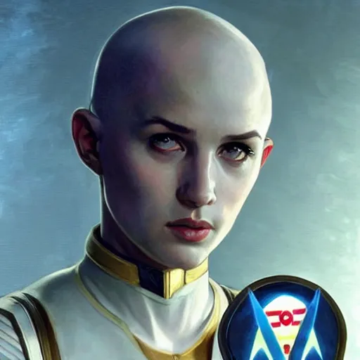 Image similar to a bald serbian!!! young woman as a star trek captain, wearing a grey uniform, still from star trek painted by artgerm and greg rutkowski and alphonse mucha. clear highly detailed face, beautiful sci fi art