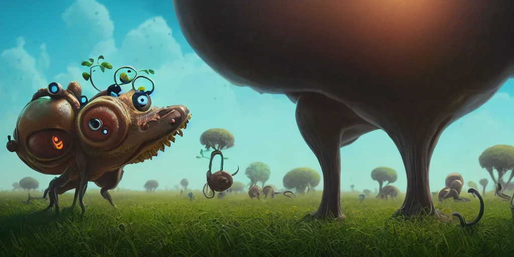 Prompt: of an intricate hazy savanna with strange enormous cute creatures with long tongues, big eyes and huge noses appearing from the ground, in the style of craola, low angle, macro lens, shallow depth of field, highly detailed, digital painting, trending artstation, concept art, illustration, cinematic lighting, vibrant colors, photorealism, epic, octane render