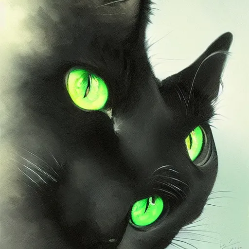 Image similar to small black cat with big green eyes, intricate, elegant, highly detailed, digital painting, artstation, concept art, matte, sharp focus, illustration, art by Artgerm and Greg Rutkowski and Alphonse Mucha