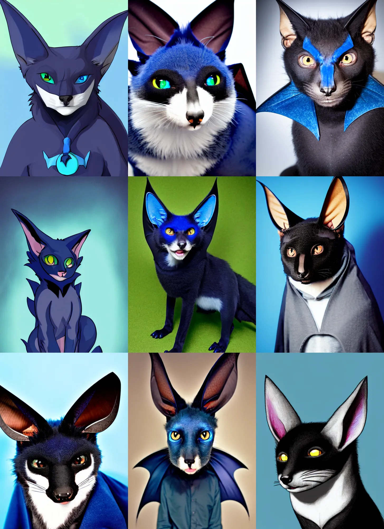 Prompt: a blue - and - black male catbat fursona with blue / green heterochromatic eyes and huge bat ears, photo portrait
