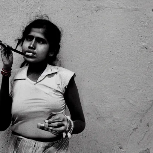 Image similar to portrait of a sri lankan girl smoking cigarette, vintage photo in 8 0's style