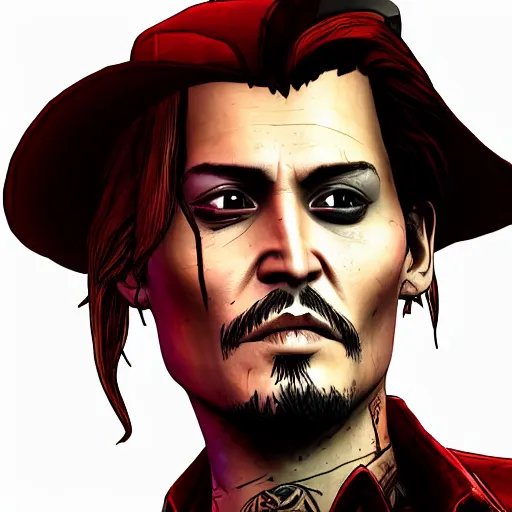 Image similar to johnny depp portrait, borderlands, tales from the borderlands, the wolf among us, comic, cinematic lighting, studio quality, 8 k