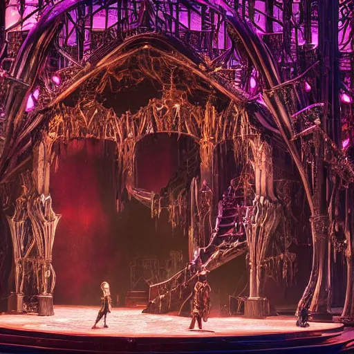 Prompt: photo, a highly - themed dramatic broadway musical set design with huge spectacle, dark and moody futuristic, a dark gothic psychedelic palace