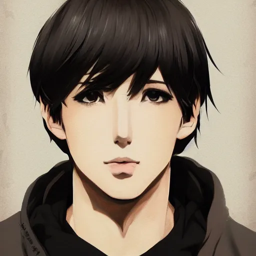 Prompt: Anime portrait of a man by Ilya Kuvshinov, he is about 30 years old, short black hair with bangs, his features are a mix between French, Turkish and Russian and he is wearing a beige and black utility jumpsuit, highly detailed portrait, digital painting, artstation, concept art, smooth, sharp foccus ilustration, Artstation HQ