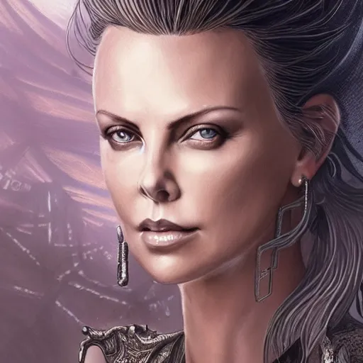 Prompt: a photo of charlize theron as a sorceress, urban motifs, intricate, elegant, highly detailed, digital painting, trending on artstation, concept art, smooth sharp focus, illustration, art by artgerm and greg rutkowski