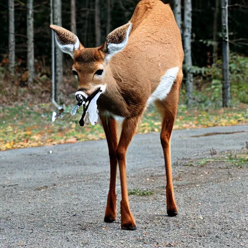 Image similar to a bipedal anthro deer with a broken antler and a cigarette in his mouth