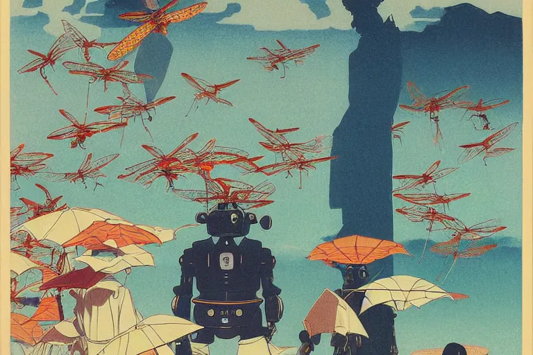 Image similar to gigantic dragonflies with human faces catch tiny robots, a lot of exotic mechas robots around, human heads everywhere, risograph by kawase hasui, edward hopper, satoshi kon and moebius, no text!, colorful flat surreal design, super - detailed, a lot of tiny details, fullshot