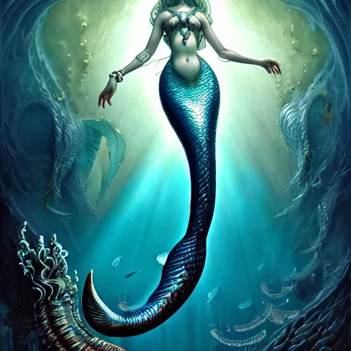 Image similar to character portrait of a graceful beautiful mermaid looking at the sunken city of Atlantis deep under water, stunning undersea intricate detailed grand architecture in the style of Joe Fenton, art style by Greg Rutkowski and Mohrbacher and Gerald Brom and H. R. Giger, deep underwater scene, dark and moody, rays of sunlight, faint volumetric god rays, grim crushing atmosphere, trending on artstation, masterpiece, claustrophobic, dizzy, sharp focus, 8k octane beautifully detailed render, post-processing, extremely hyperdetailed, intricate, epic composition, grim yet sparkling atmosphere, cinematic lighting + masterpiece, trending on artstation, very detailed, Art Nouveau